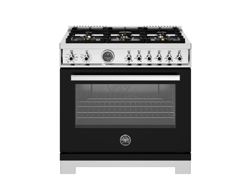 Bertazzoni Professional Series 36" 6 Brass Burners Nero Freestanding Dual Fuel Range With Cast Iron Griddle and 5.7 Cu.Ft. Electric Self-Clean Oven PRO366BCFEPNET Luxury Appliances Direct
