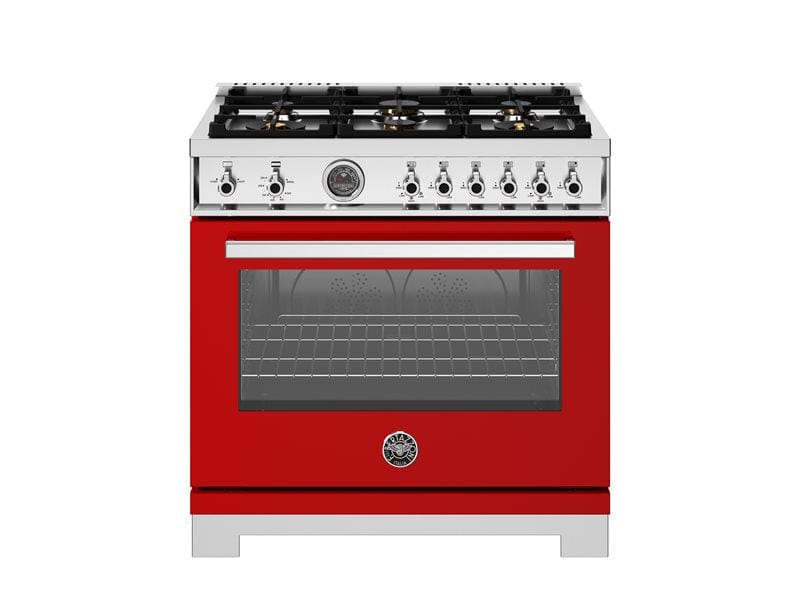 Bertazzoni Professional Series 36" 6 Brass Burners Rosso Freestanding All Gas Range With Cast Iron Griddle and 5.9 Cu.Ft. Gas Oven PRO366BCFGMROT Luxury Appliances Direct