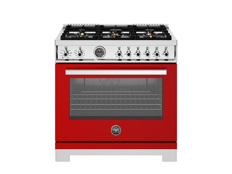 Bertazzoni Professional Series 36" 6 Brass Burners Rosso Freestanding Dual Fuel Range With Cast Iron Griddle and 5.7 Cu.Ft. Electric Self-Clean Oven PRO366BCFEPROT Luxury Appliances Direct