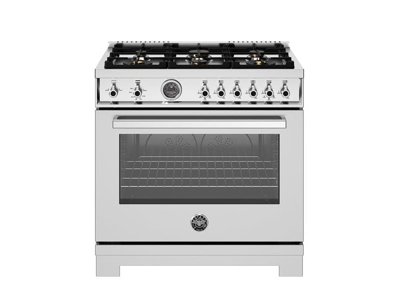 Bertazzoni Professional Series 36" 6 Brass Burners Stainless Steel Freestanding All Gas Range With Cast Iron Griddle and 5.9 Cu.Ft. Gas Oven PRO366BCFGMXT Luxury Appliances Direct