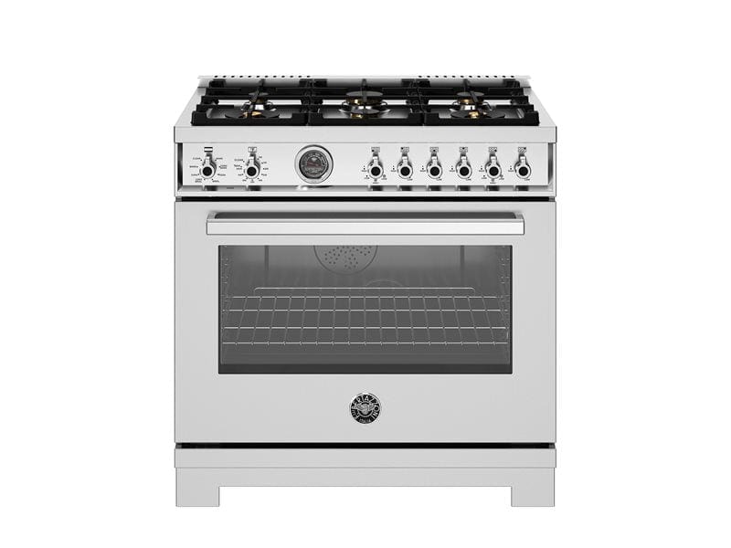 Bertazzoni Professional Series 36" 6 Brass Burners Stainless Steel Freestanding Dual Fuel Range With Cast Iron Griddle and 5.7 Cu.Ft. Electric Self-Clean Oven PRO366BCFEPXT Luxury Appliances Direct