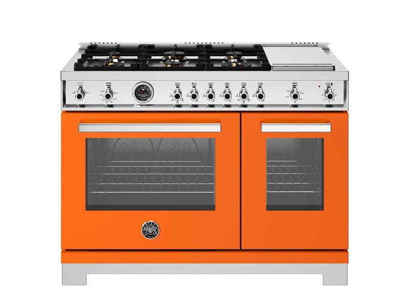 Bertazzoni Professional Series 48" 6 Brass Burners Arancio Freestanding All Gas Range With 7.1 Cu.Ft. Double Gas Oven and Electric Griddle PRO486BTFGMART Luxury Appliances Direct