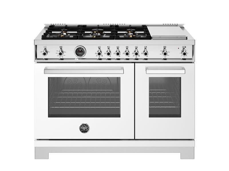 Bertazzoni Professional Series 48" 6 Brass Burners Bianco Freestanding Propane Gas Range With 7.1 Cu.Ft. Double Gas Oven and Electric Griddle PRO486BTFGMBIT + CONVERSION Luxury Appliances Direct