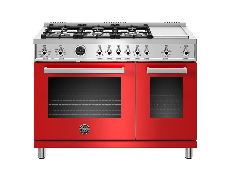 Bertazzoni Professional Series 48" 6 Brass Burners Rosso Freestanding Dual Fuel Range With 7 Cu.Ft. Electric Self-Clean Oven and Griddle PROF486GDFSROT Luxury Appliances Direct