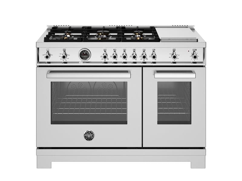 Bertazzoni Professional Series 48" 6 Brass Burners Stainless Steel Freestanding All Gas Range With 7.1 Cu.Ft. Double Gas Oven and Electric Griddle PRO486BTFGMXT Luxury Appliances Direct