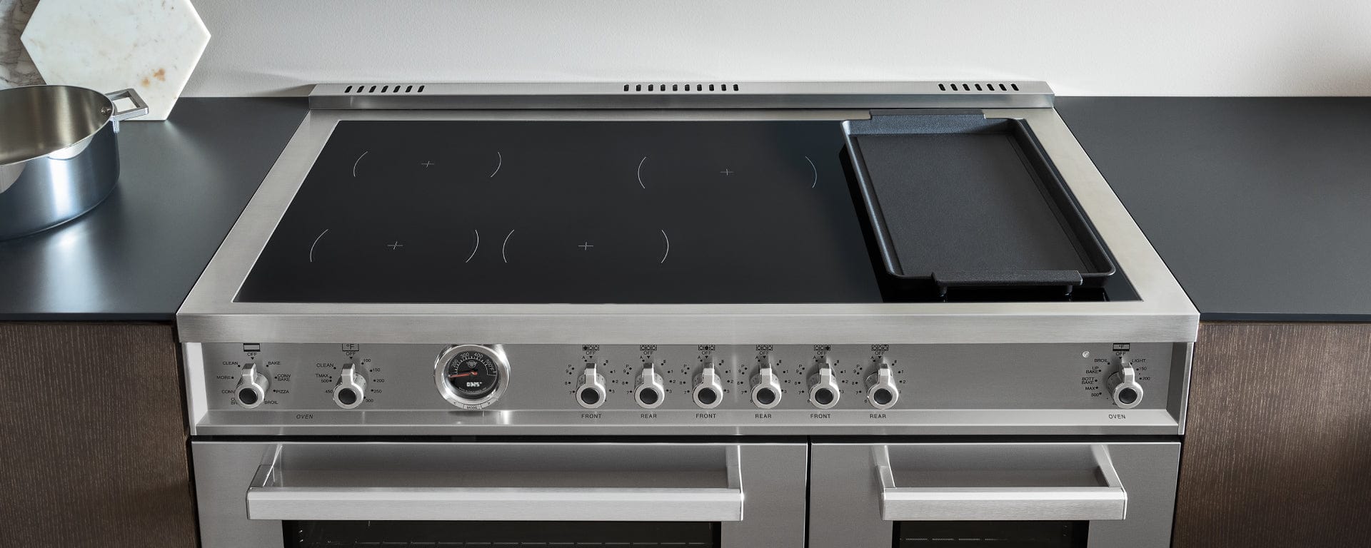 Bertazzoni Professional Series 48" 6 Heating Zones Stainless Steel Freestanding Induction Range With 7 Cu.Ft. Electric Self-Clean Double Oven and Cast Iron Griddle PRO486IGFEPXT Luxury Appliances Direct