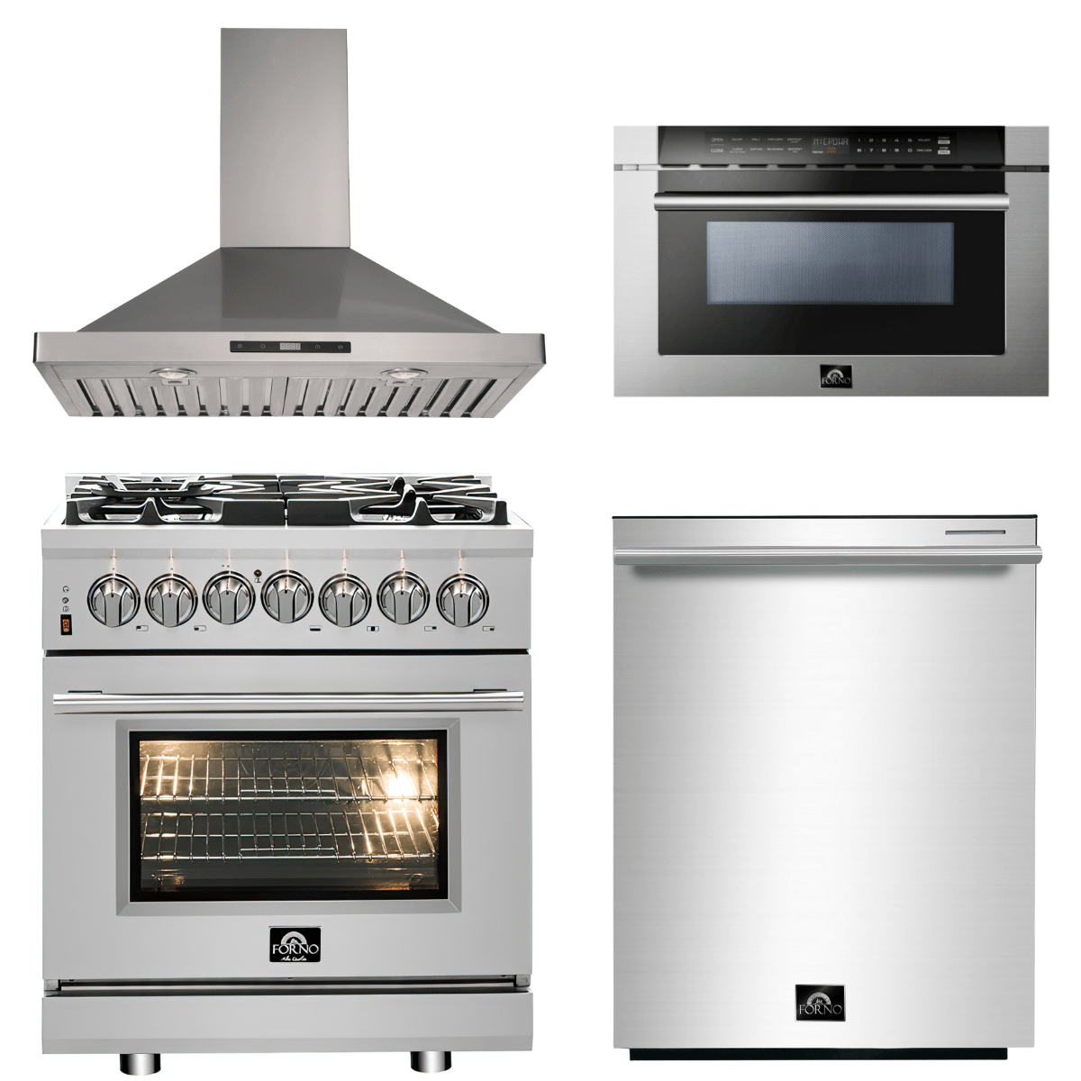 Forno Appliance Package - 30" Dual Fuel Range, 30" Range Hood, Dishwasher, Microwave Drawer, AP-FFSGS6125-30-W-6 Appliance Package AP-FFSGS6125-30-W-6 Luxury Appliances Direct