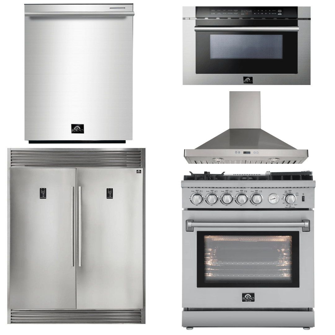 Forno Appliance Package - 30" Gas Range, 30" Range Hood, 60" Refrigerator, Dishwasher, Microwave Drawer, AP-FFSGS6276-30-W-8 Appliance Package AP-FFSGS6276-30-W-8 Luxury Appliances Direct