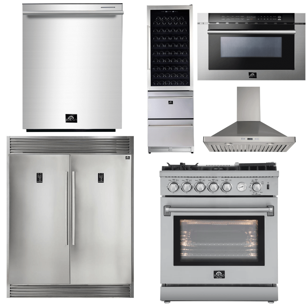 Forno Appliance Package - 30" Gas Range, 30" Range Hood, 60" Refrigerator, Dishwasher, Microwave Drawer, Wine Cooler, AP-FFSGS6276-30-W-9 Appliance Package AP-FFSGS6276-30-W-9 Luxury Appliances Direct