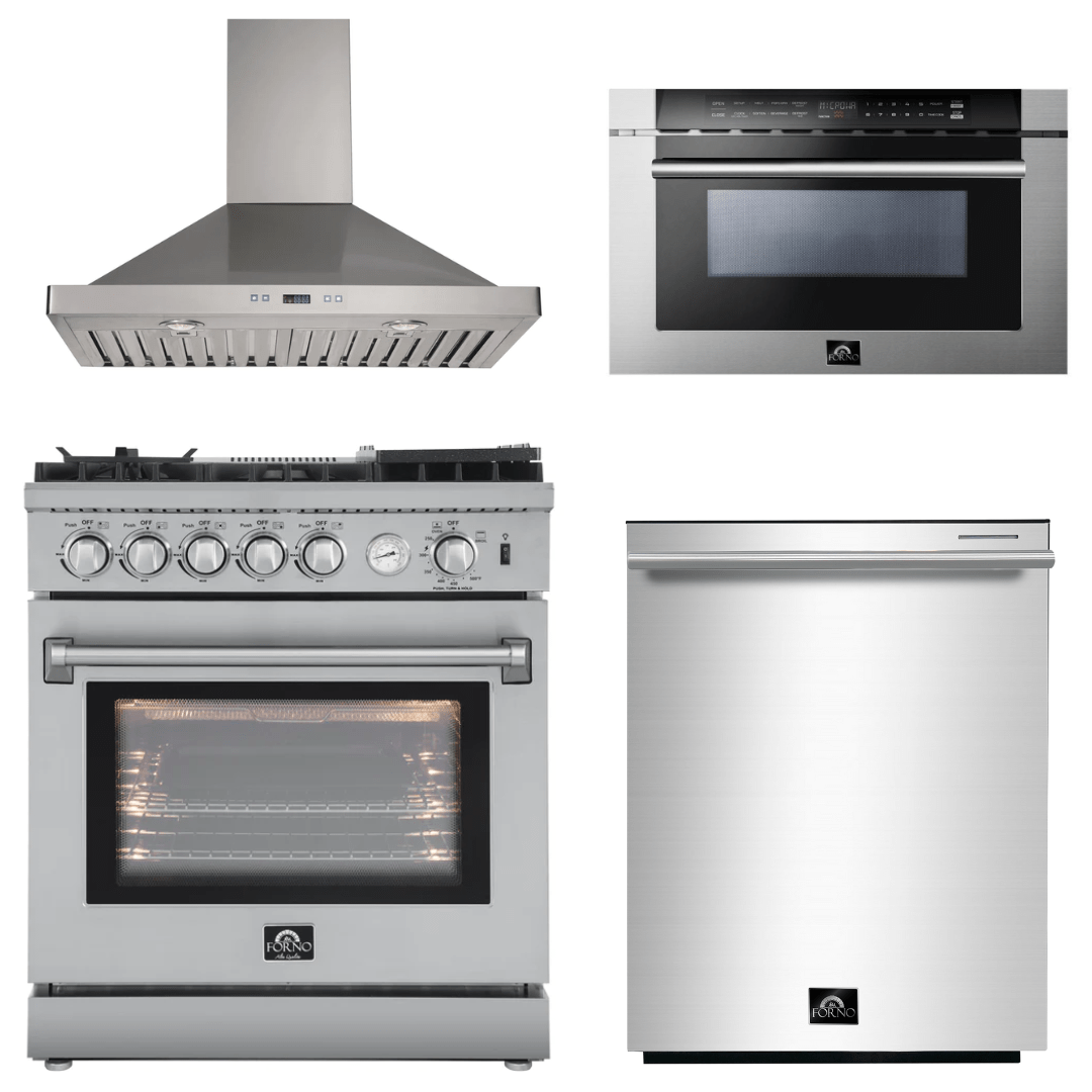 Forno Appliance Package - 30" Gas Range, 30" Range Hood, Dishwasher, Microwave Drawer, AP-FFSGS6276-30-W-6 Appliance Packages AP-FFSGS6276-30-W-6 Luxury Appliances Direct