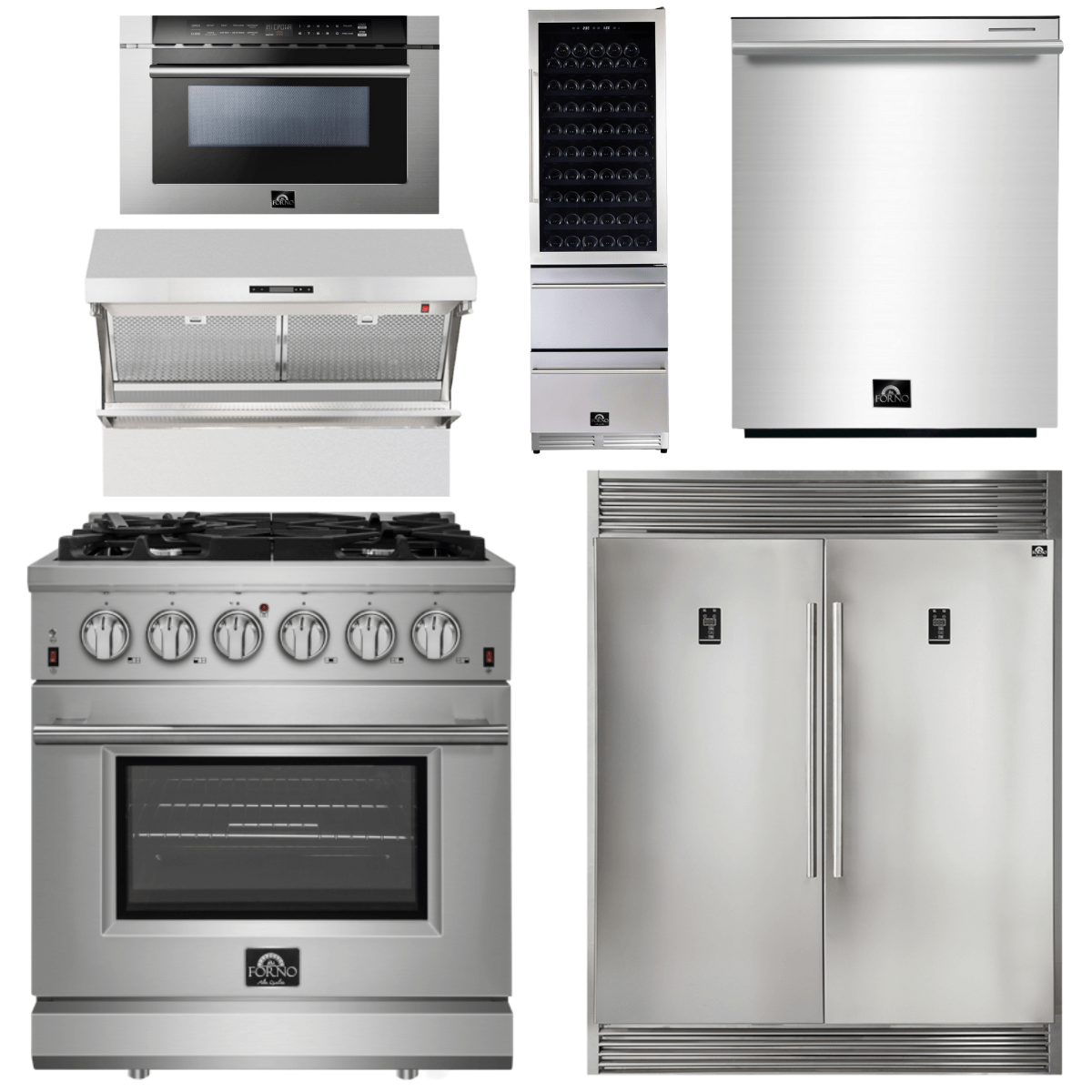 Forno Appliance Package - 30 Inch Gas Range, Range Hood, Refrigerator, Microwave Drawer, Dishwasher, Wine Cooler, AP-FFSGS6239-30-9 Appliance Package AP-FFSGS6239-30-9 Luxury Appliances Direct