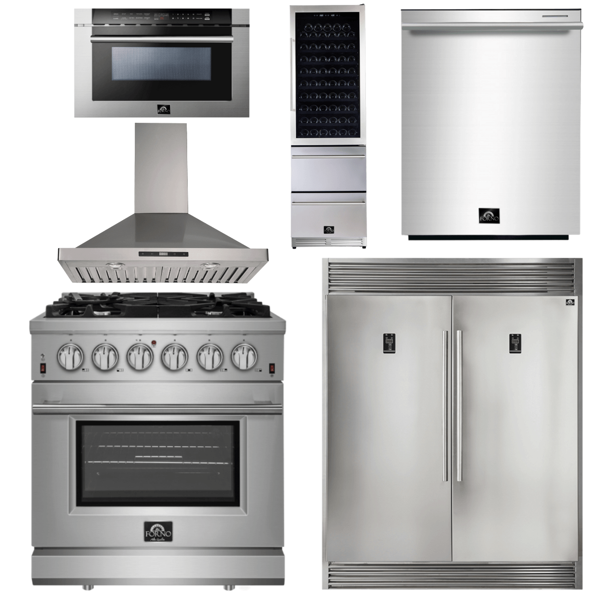 Forno Appliance Package - 30 Inch Gas Range, Range Hood, Refrigerator, Microwave Drawer, Dishwasher, Wine Cooler, AP-FFSGS6239-30-W-9 Appliance Package AP-FFSGS6239-30-W-9 Luxury Appliances Direct