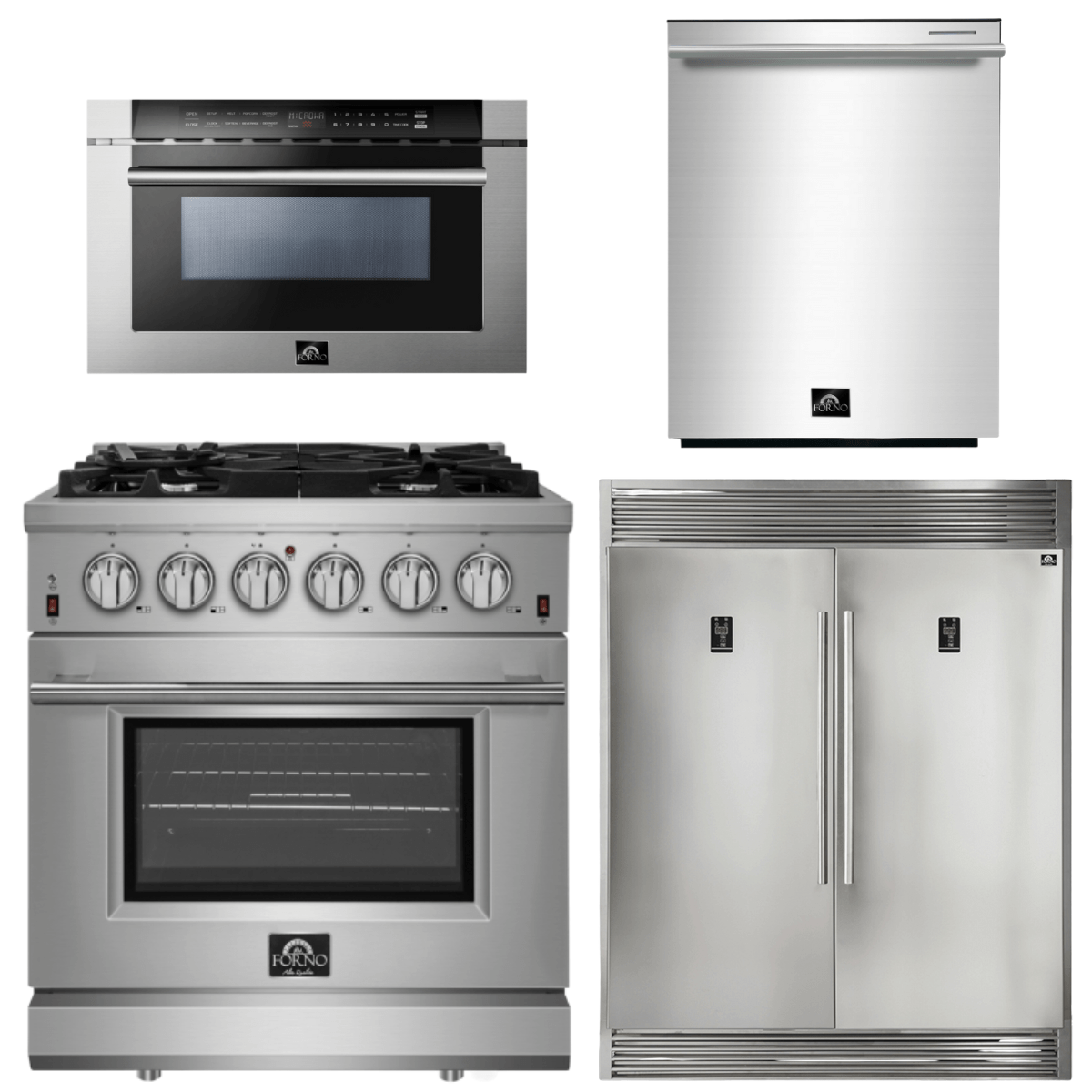 Forno Appliance Package - 30 Inch Gas Range, Refrigerator, Microwave Drawer, Dishwasher, AP-FFSGS6239-30-7 Appliance Packages AP-FFSGS6239-30-7 Luxury Appliances Direct