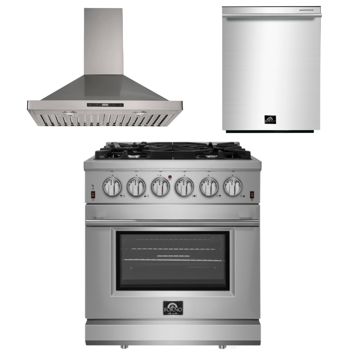 Forno Appliance Package - 30 Inch Gas Range, Wall Mount Range Hood, Dishwasher, AP-FFSGS6239-30-W-2 Appliance Package AP-FFSGS6239-30-W-2 Luxury Appliances Direct