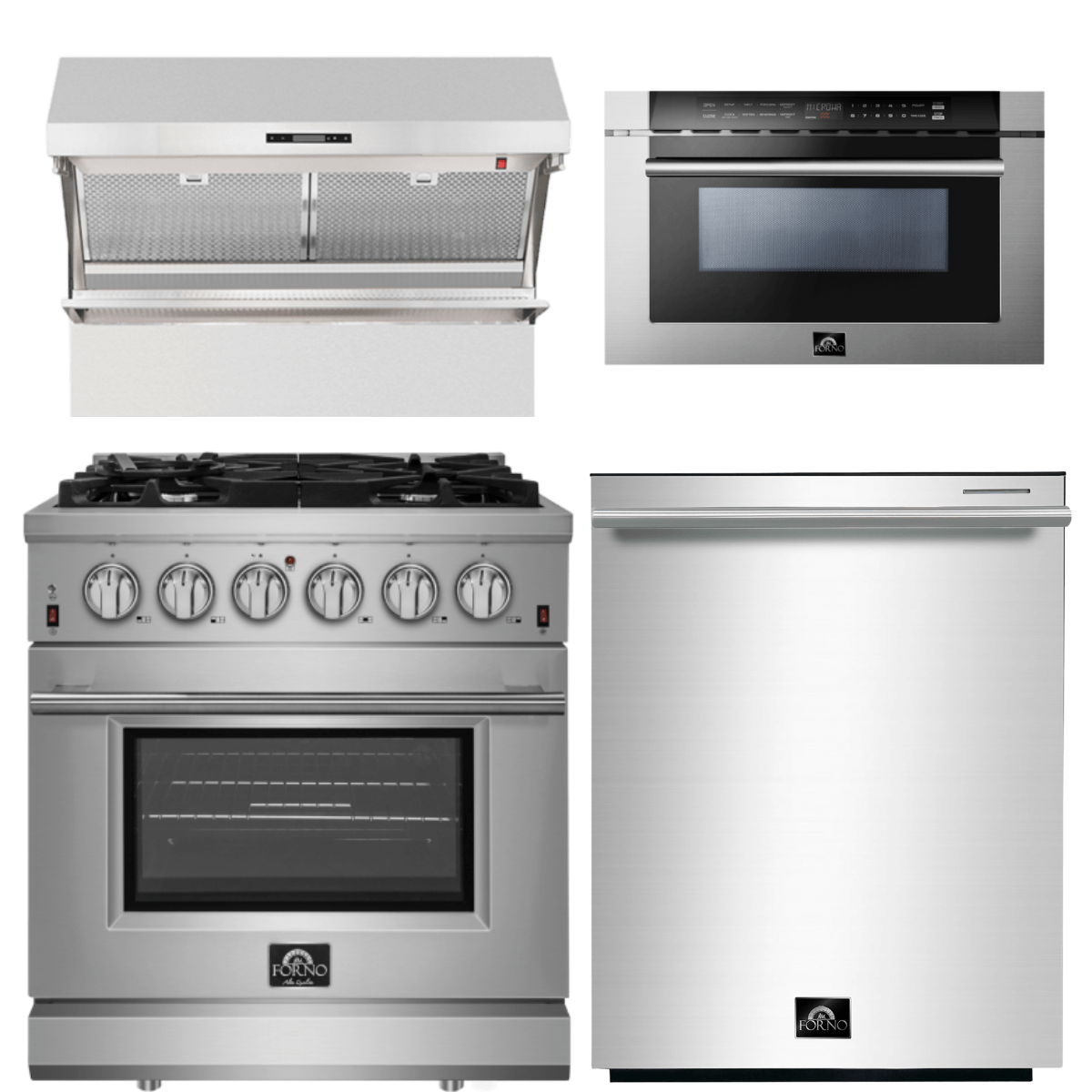 Forno Appliance Package - 30 Inch Gas Range, Wall Mount Range Hood, Microwave Drawer, Dishwasher, AP-FFSGS6239-30-6 Appliance Package AP-FFSGS6239-30-6 Luxury Appliances Direct