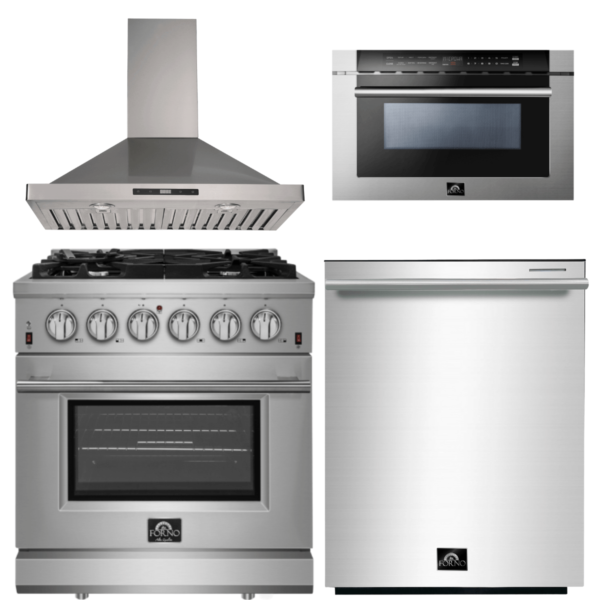 Forno Appliance Package - 30 Inch Gas Range, Wall Mount Range Hood, Microwave Drawer, Dishwasher, AP-FFSGS6239-30-W-6 Appliance Packages AP-FFSGS6239-30-W-6 Luxury Appliances Direct