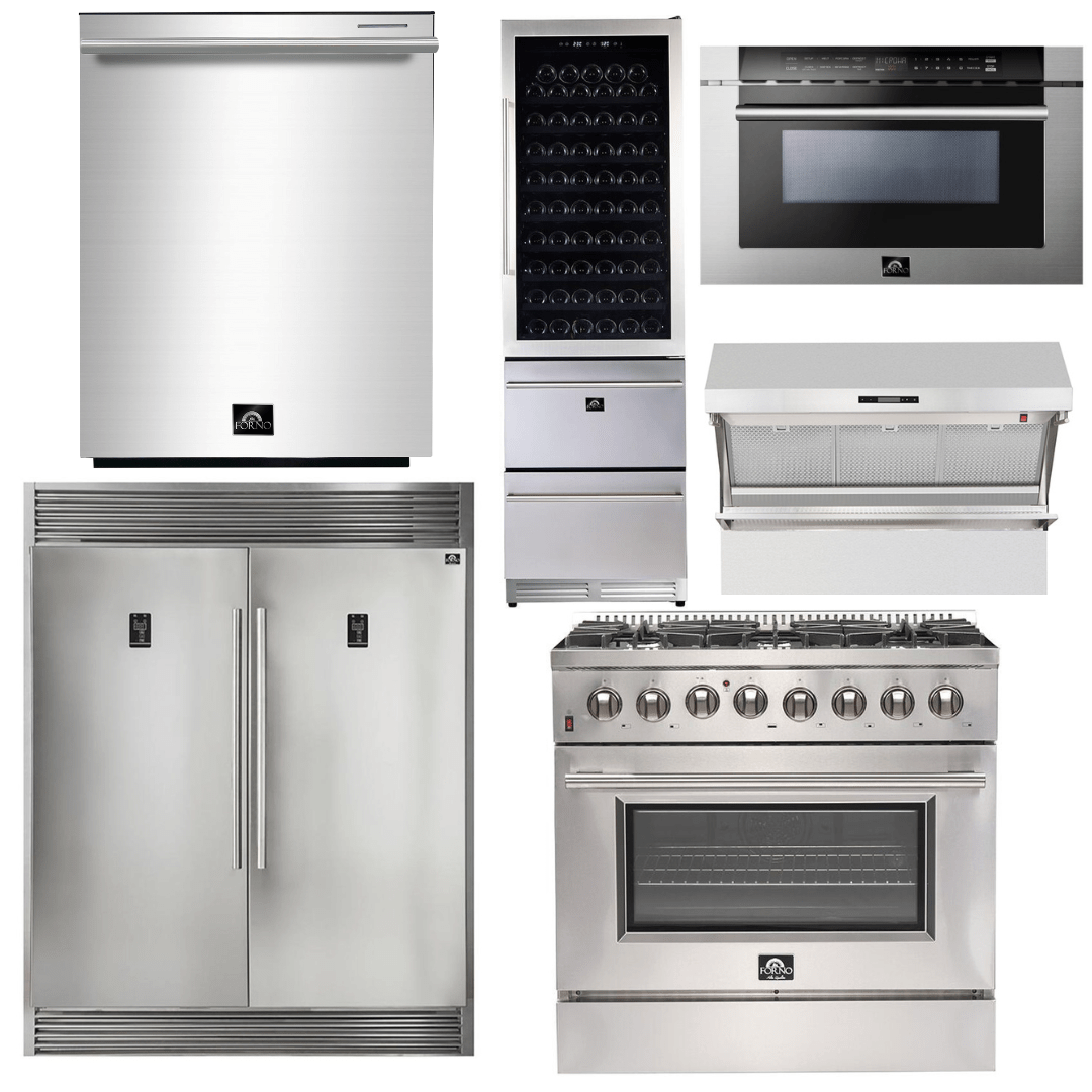 Forno Appliance Package - 36 Inch Dual Fuel Range, Range Hood, Refrigerator, Microwave Drawer, Dishwasher, Wine Cooler, AP-FFSGS6156-36-9 Appliance Package AP-FFSGS6156-36-9 Luxury Appliances Direct