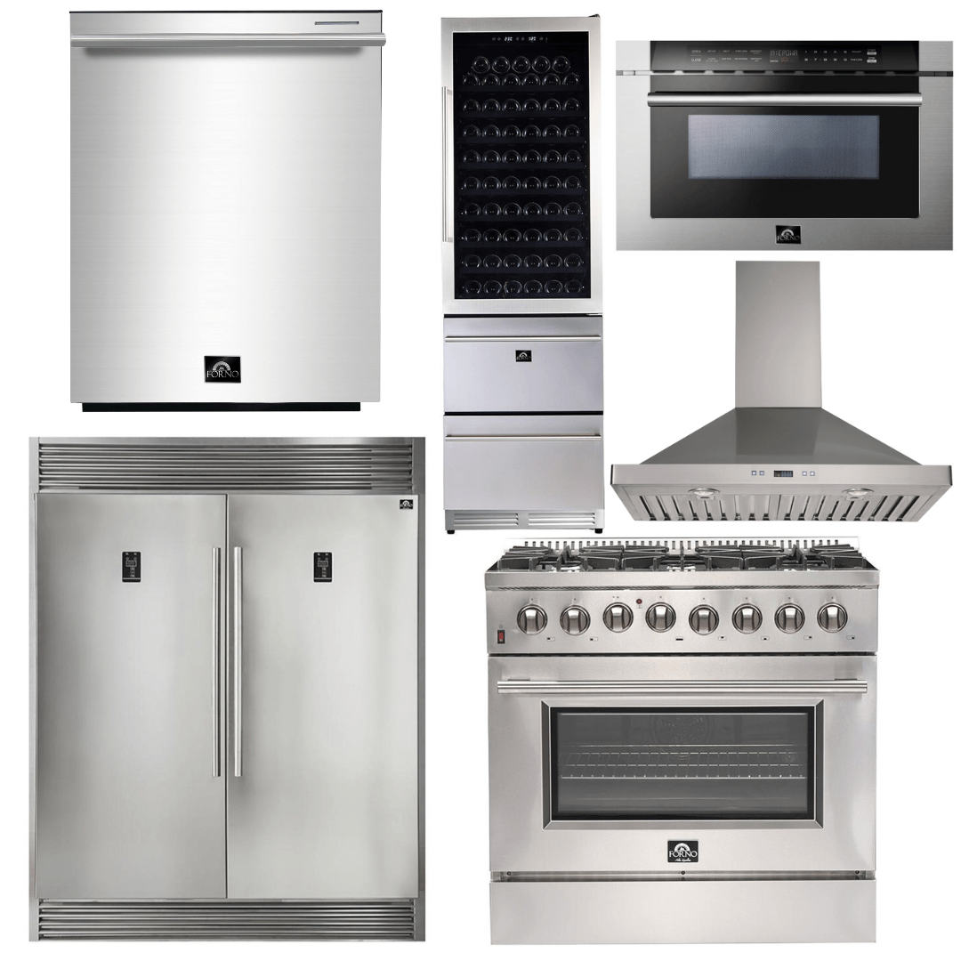 Forno Appliance Package - 36 Inch Dual Fuel Range, Range Hood, Refrigerator, Microwave Drawer, Dishwasher, Wine Cooler, AP-FFSGS6156-36-W-9 Appliance Package AP-FFSGS6156-36-W-9 Luxury Appliances Direct
