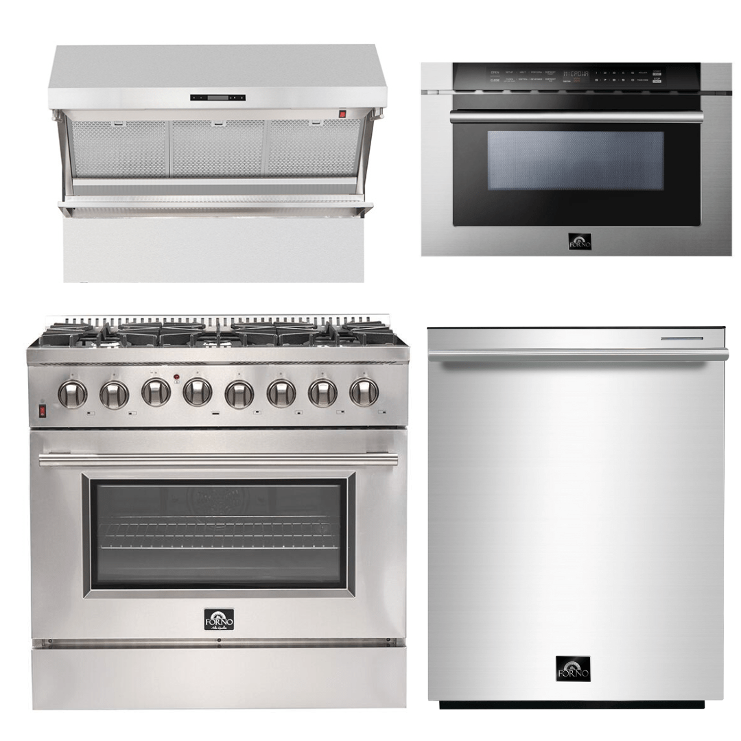 Forno Appliance Package - 36 Inch Dual Fuel Range, Wall Mount Range Hood, Microwave Drawer, Dishwasher, AP-FFSGS6156-36-6 Appliance Package AP-FFSGS6156-36-6 Luxury Appliances Direct