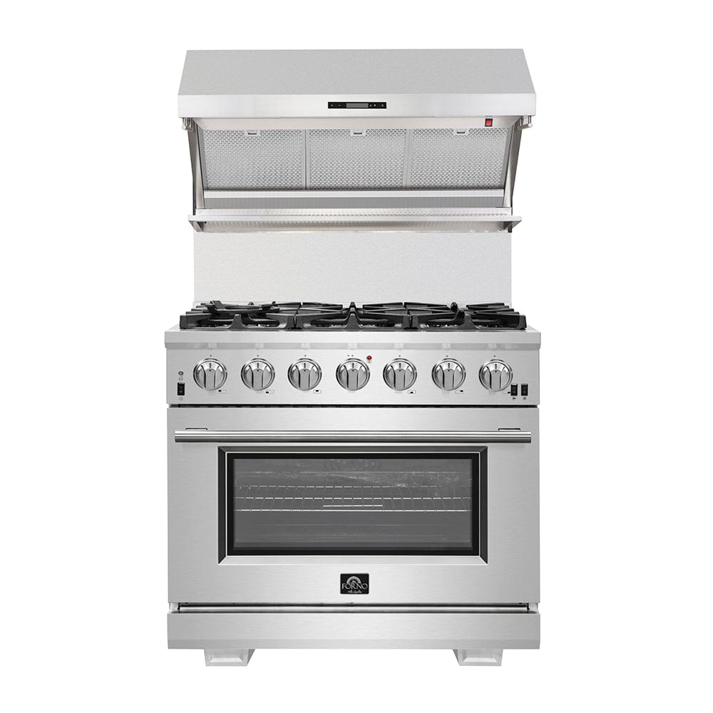 Forno Appliance Package - 36 Inch Gas Burner/Electric Oven Pro Range, Wall Mount Range Hood, AP-FFSGS6187-36 I Luxury Appliances Direct