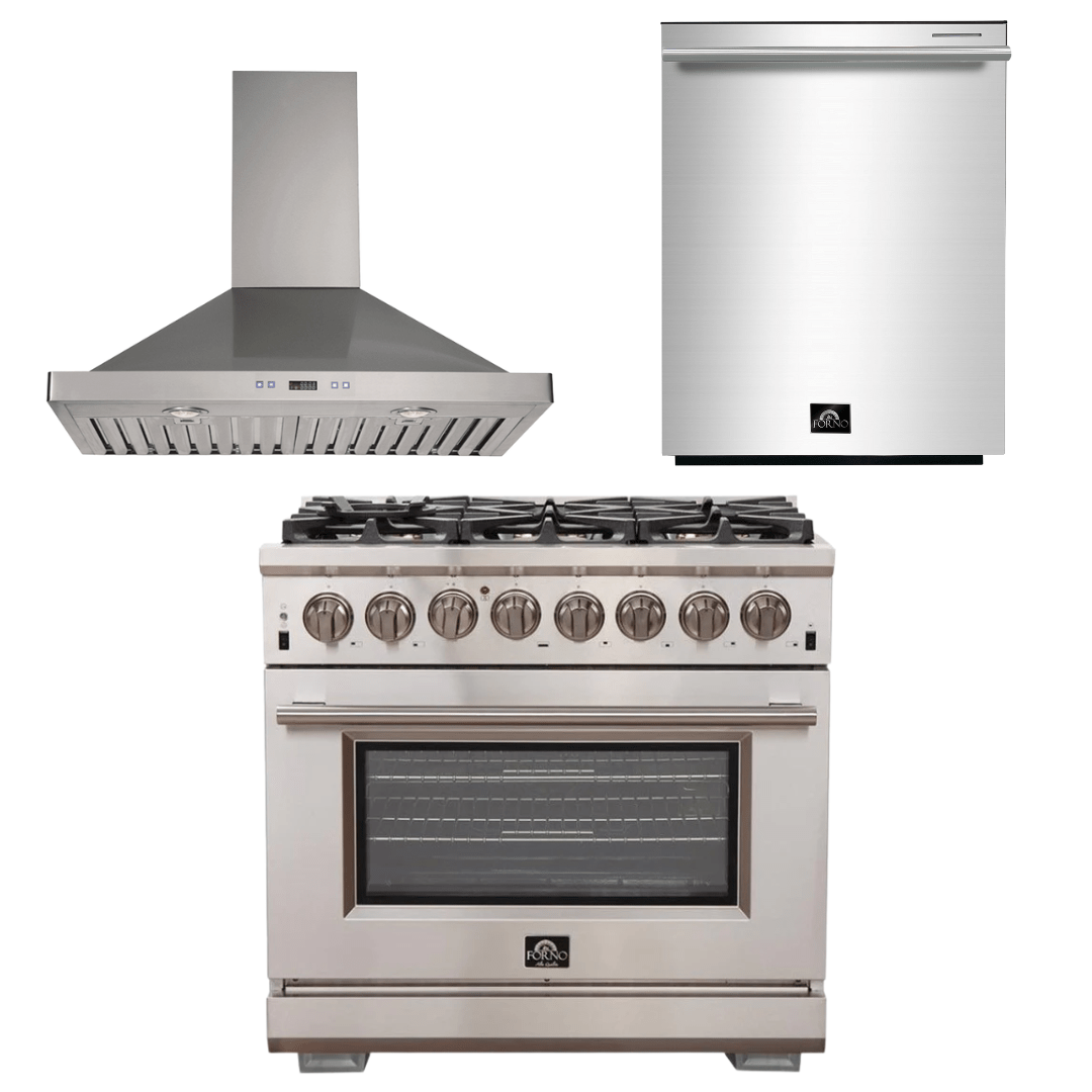 Forno Appliance Package - 36 Inch Gas Burner/Electric Oven Pro Range, Wall Mount Range Hood, Dishwasher, AP-FFSGS6187-36-W-2 Appliance Package AP-FFSGS6187-36-W-2 Luxury Appliances Direct