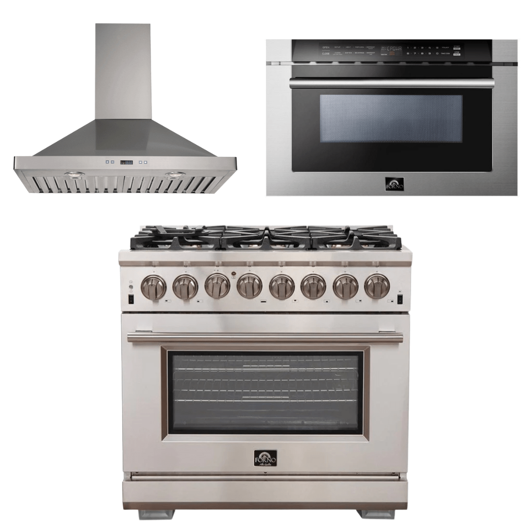 Forno Appliance Package - 36 Inch Gas Burner/Electric Oven Pro Range, Wall Mount Range Hood, Microwave Drawer, AP-FFSGS6187-36-W-3 Appliance Package AP-FFSGS6187-36-W-3 Luxury Appliances Direct