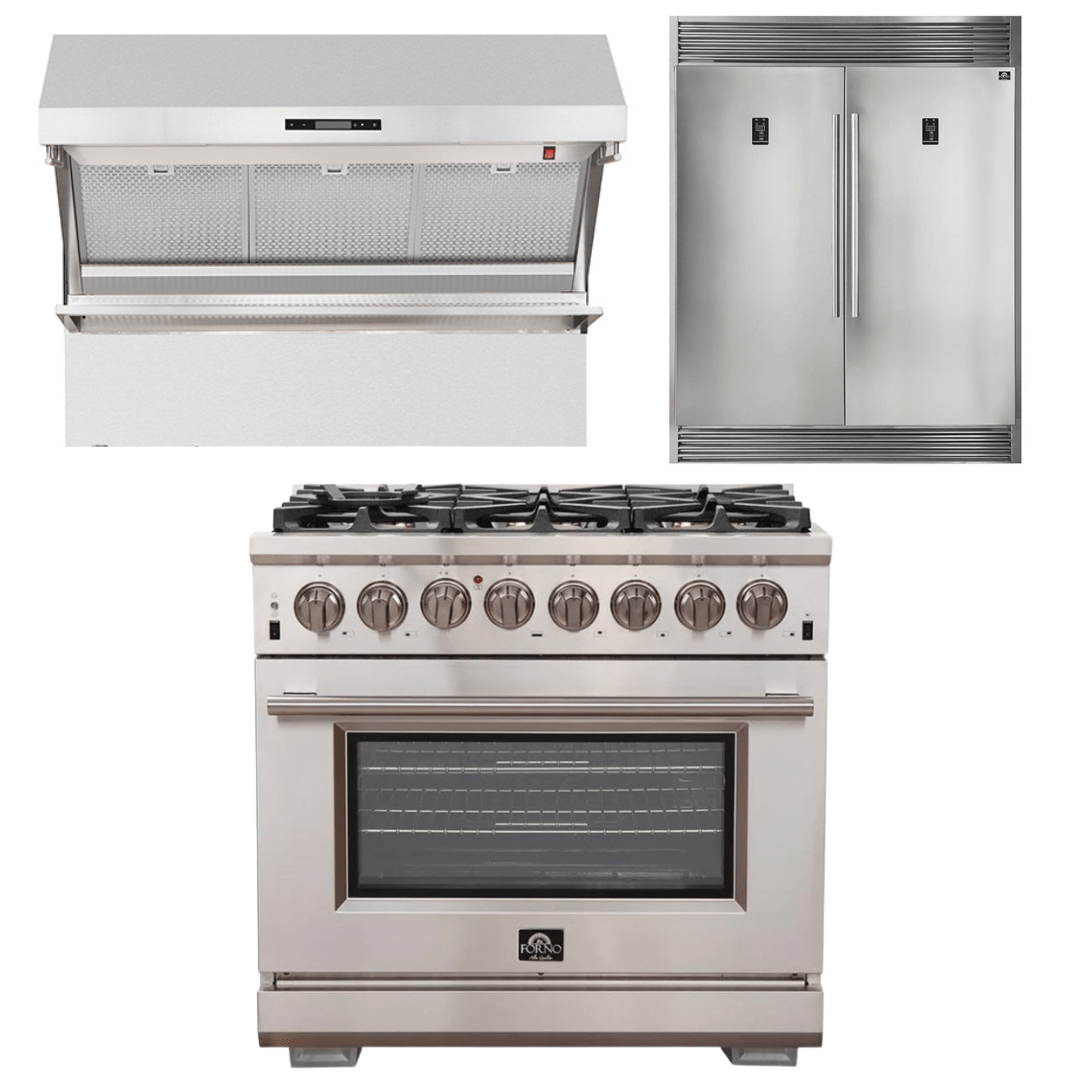 Forno Appliance Package - 36 Inch Gas Burner/Electric Oven Pro Range, Wall Mount Range Hood, Refrigerator, AP-FFSGS6187-36-4 Appliance Packages AP-FFSGS6187-36-4 Luxury Appliances Direct