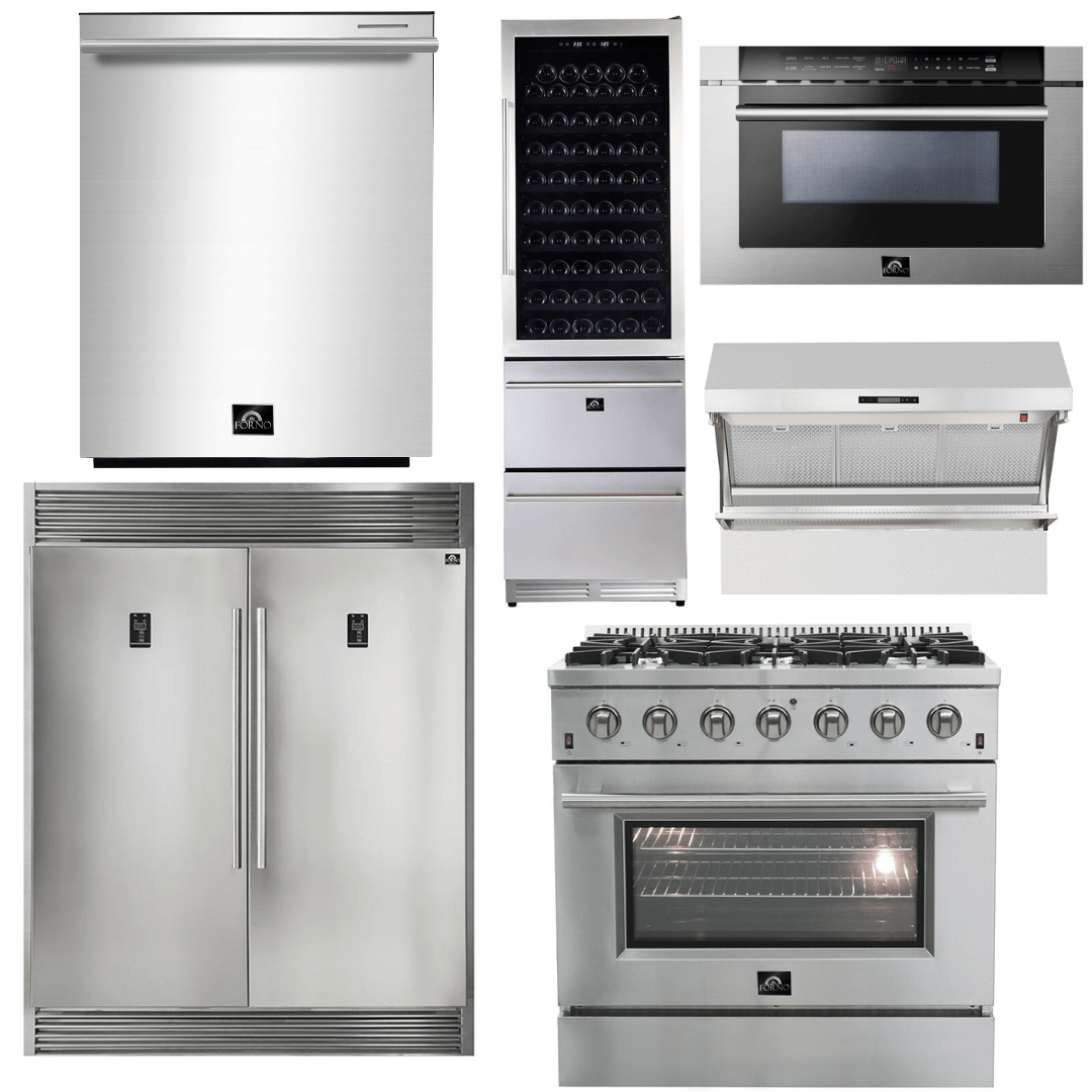 Forno Appliance Package - 36 Inch Gas Range, Range Hood, Refrigerator, Microwave Drawer, Dishwasher, Wine Cooler, AP-FFSGS6244-36-9 Appliance Package AP-FFSGS6244-36-9 Luxury Appliances Direct