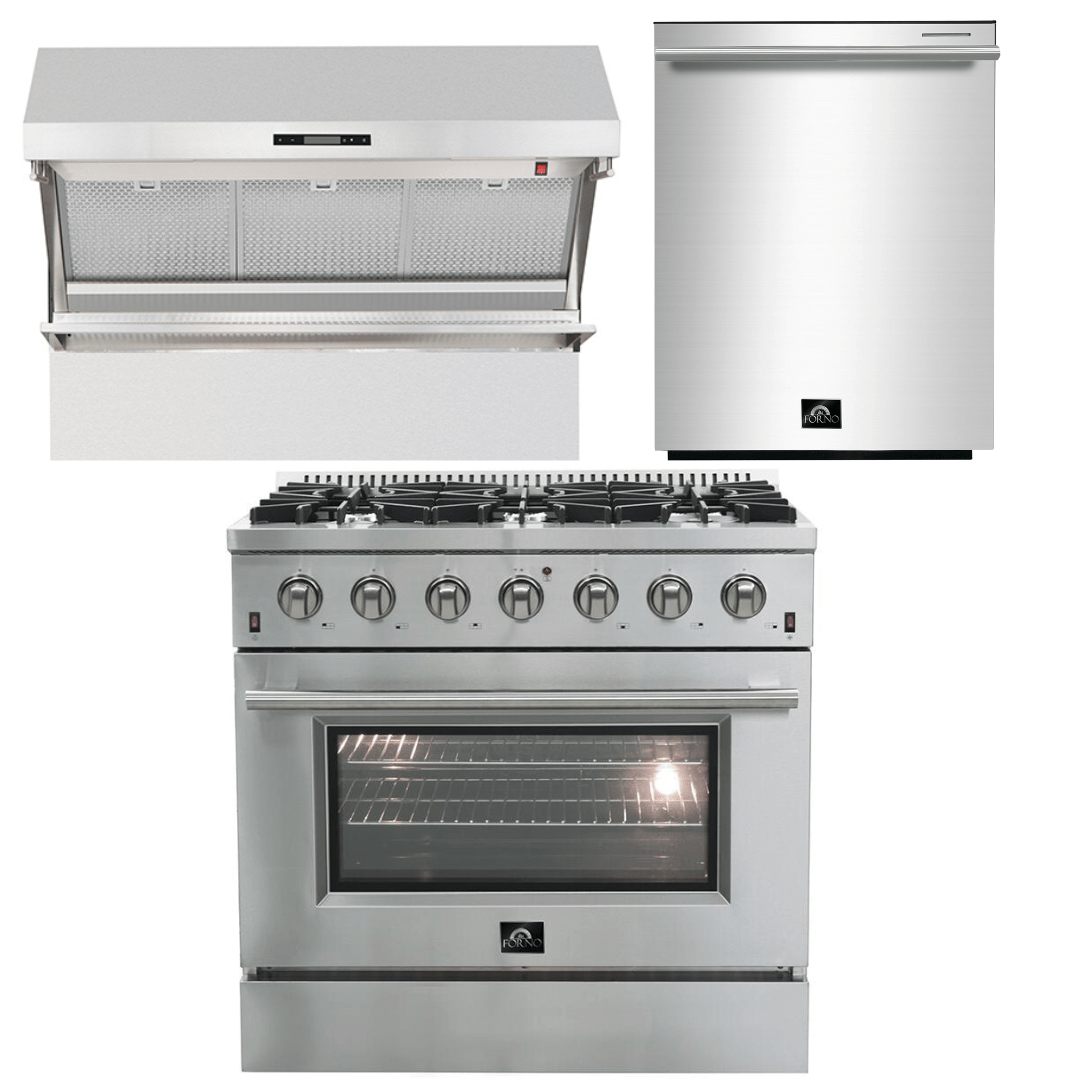 Forno Appliance Package - 36 Inch Gas Range, Wall Mount Range Hood, Dishwasher, AP-FFSGS6244-36-2 Appliance Package AP-FFSGS6244-36-2 Luxury Appliances Direct