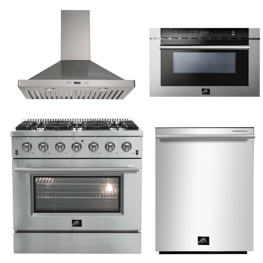 Forno Appliance Package - 36 Inch Gas Range, Wall Mount Range Hood, Microwave Drawer, Dishwasher, AP-FFSGS6244-36-W-6 Appliance Packages AP-FFSGS6244-36-W-6 Luxury Appliances Direct