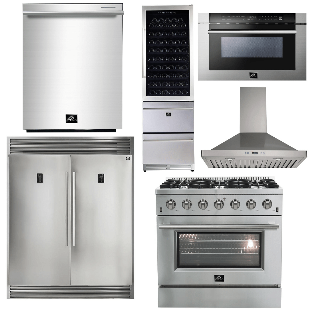 Forno Appliance Package - 36 Inch Gas Range, Wall Mount Range Hood, Refrigerator, Microwave Drawer, Dishwasher, Wine Cooler, AP-FFSGS6244-36-W-9 Appliance Package AP-FFSGS6244-36-W-9 Luxury Appliances Direct