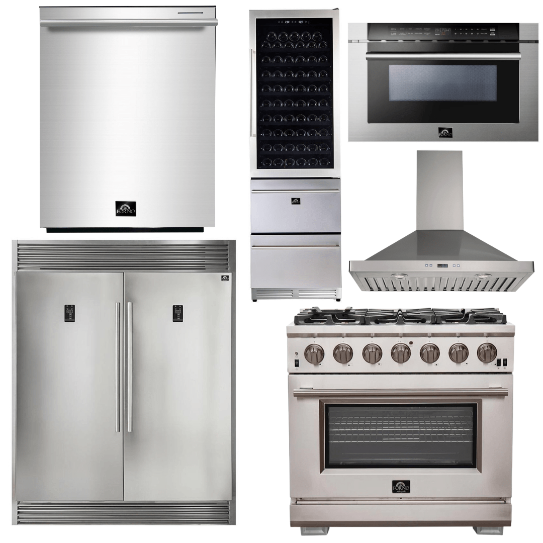 Forno Appliance Package - 36 Inch Pro Gas Range, Range Hood, Refrigerator, Microwave Drawer, Dishwasher, Wine Cooler, AP-FFSGS6260-36-W-9 Appliance Packages AP-FFSGS6260-36-W-9 Luxury Appliances Direct