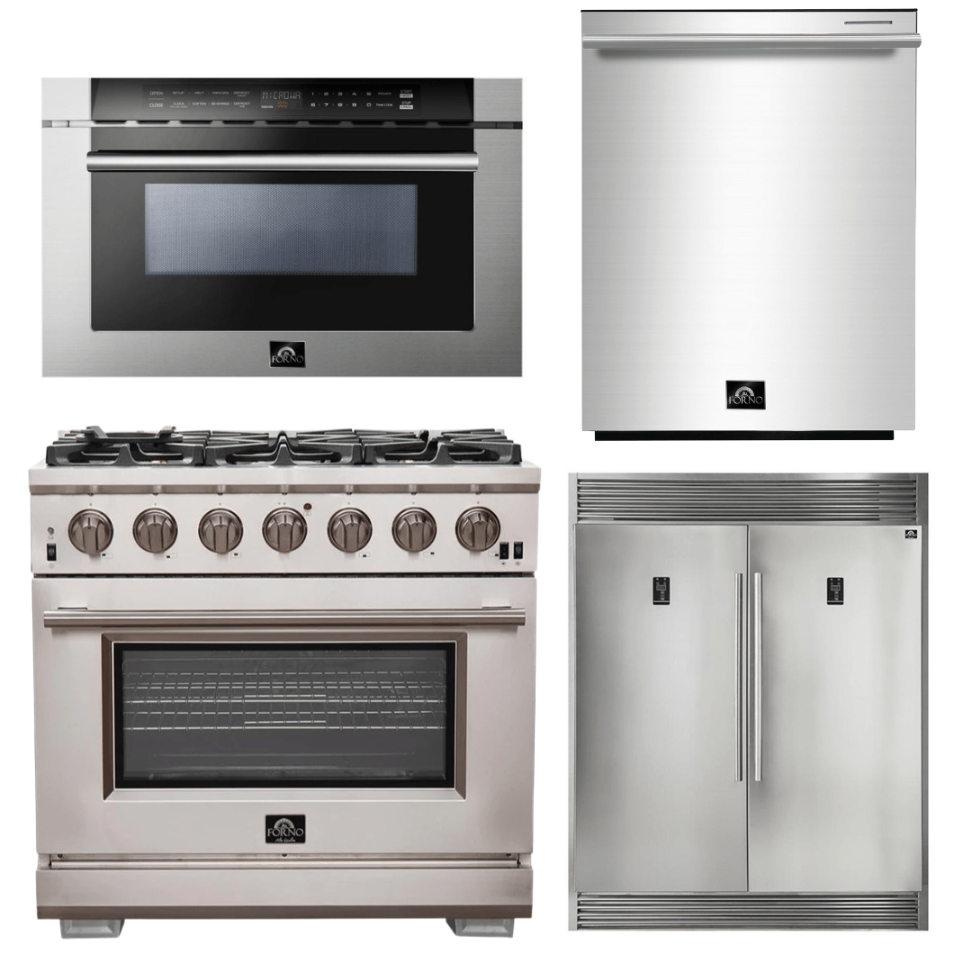 Forno Appliance Package - 36 Inch Pro Gas Range, Refrigerator, Microwave Drawer, Dishwasher, AP-FFSGS6260-36-7 I Luxury Appliances Direct