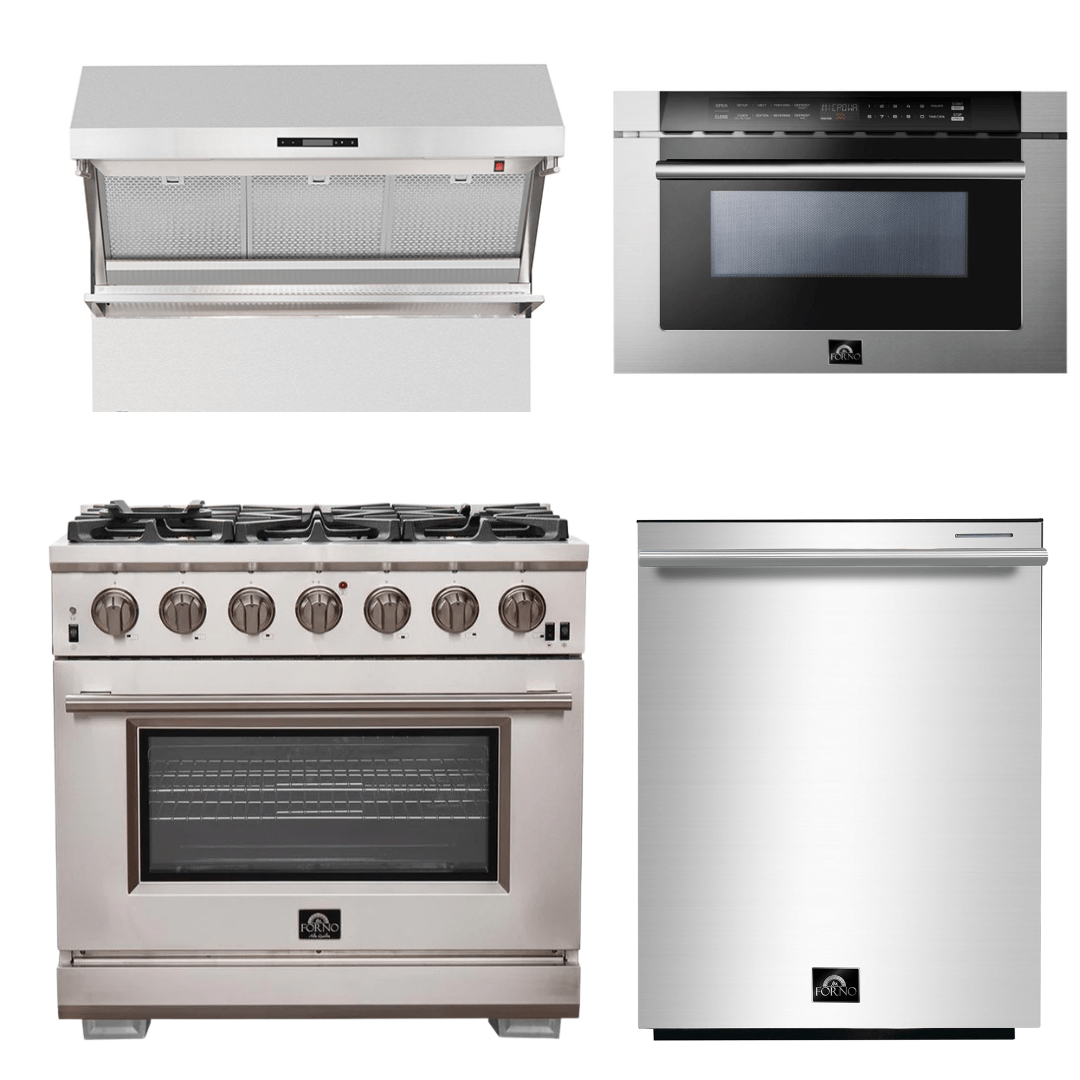 Forno Appliance Package - 36 Inch Pro Gas Range, Wall Mount Range Hood, Microwave Drawer, Dishwasher, AP-FFSGS6260-36-6 Appliance Package AP-FFSGS6260-36-6 Luxury Appliances Direct