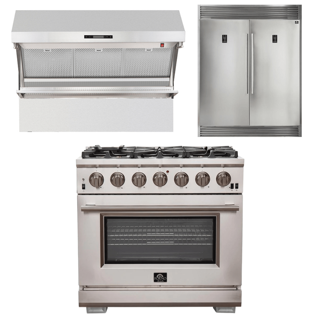 Forno Appliance Package - 36 Inch Pro Gas Range, Wall Mount Range Hood, Refrigerator, AP-FFSGS6260-36-4 I Luxury Appliances Direct