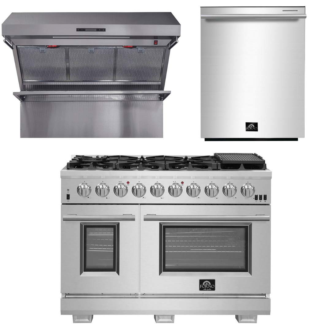 Forno Appliance Package - 48 Inch Pro Gas Range, Wall Mount Range Hood, Dishwasher, AP-FFSGS6260-48-2 I Luxury Appliances Direct