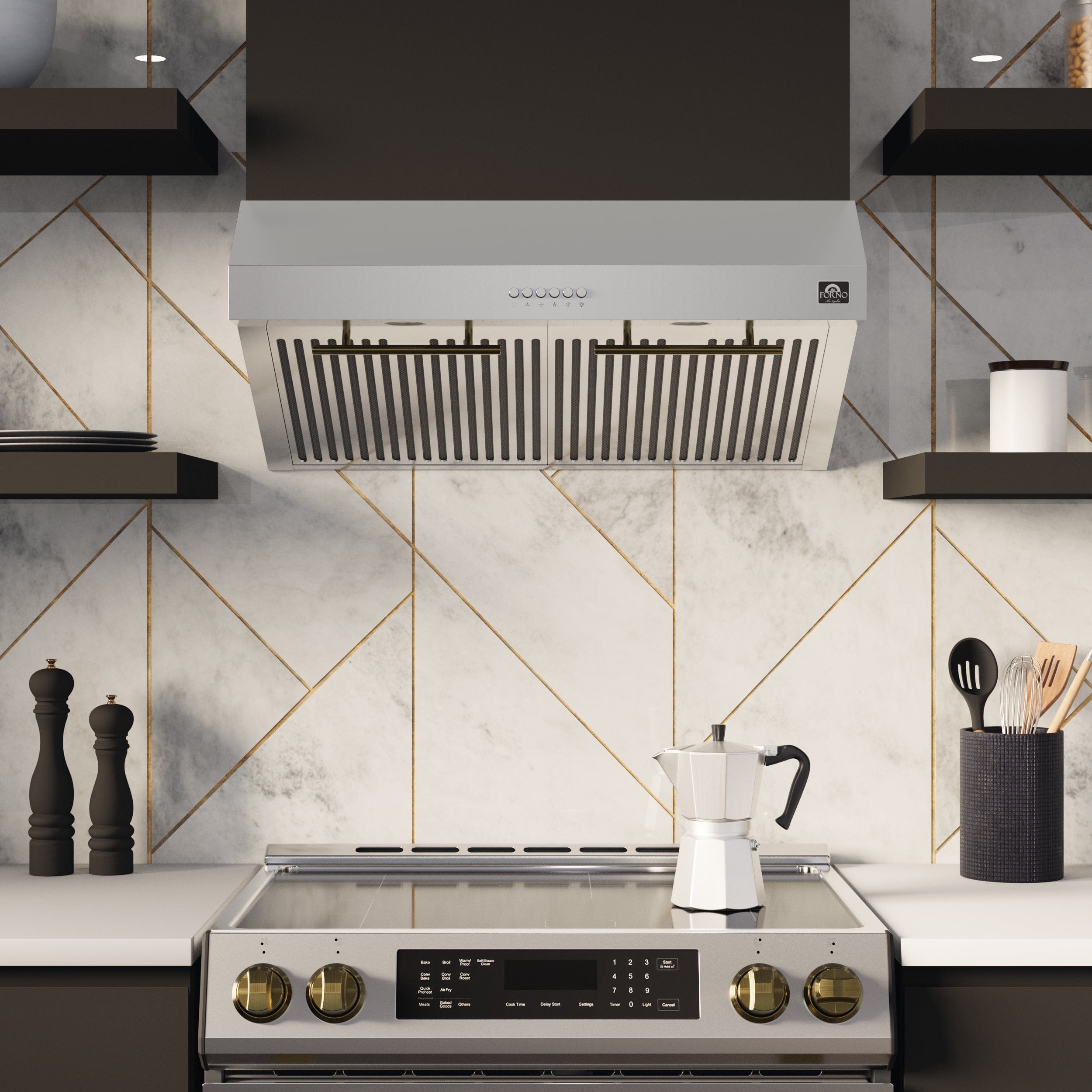 Forno Espresso 30" Under Cabinet Range Hood in Stainless Steel with Antique Brass Handles, FRHUC5255-30 Range Hoods FRHUC5255-30 Luxury Appliances Direct