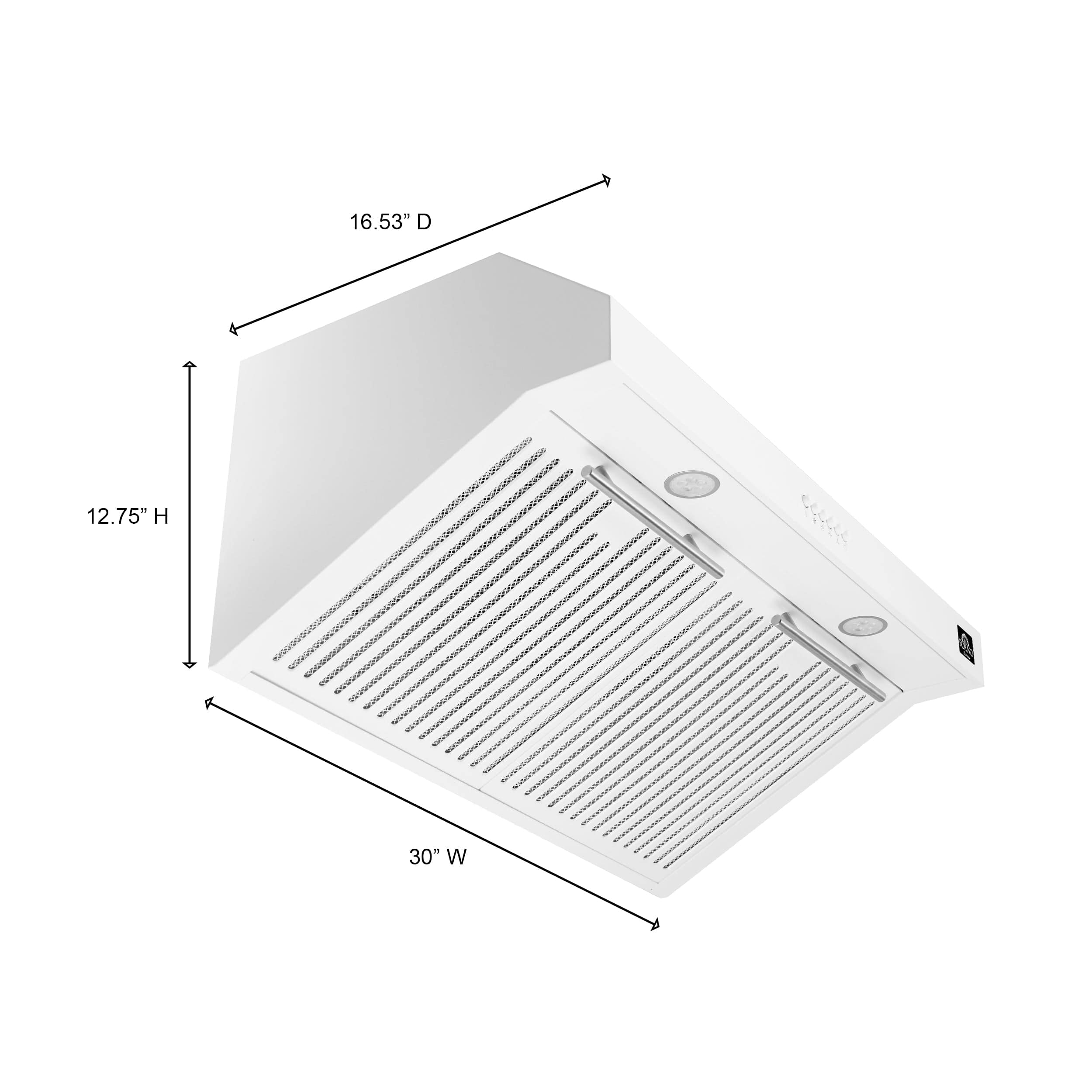 Forno Espresso 30" Under Cabinet Range Hood in White with Silver Handles, FRHUC5255-30WHT Range Hoods FRHUC5255-30WHT Luxury Appliances DirectForno Bari Espresso 30-Inch Range Hood in White, FRHUC5255-30WHT | Dimensions