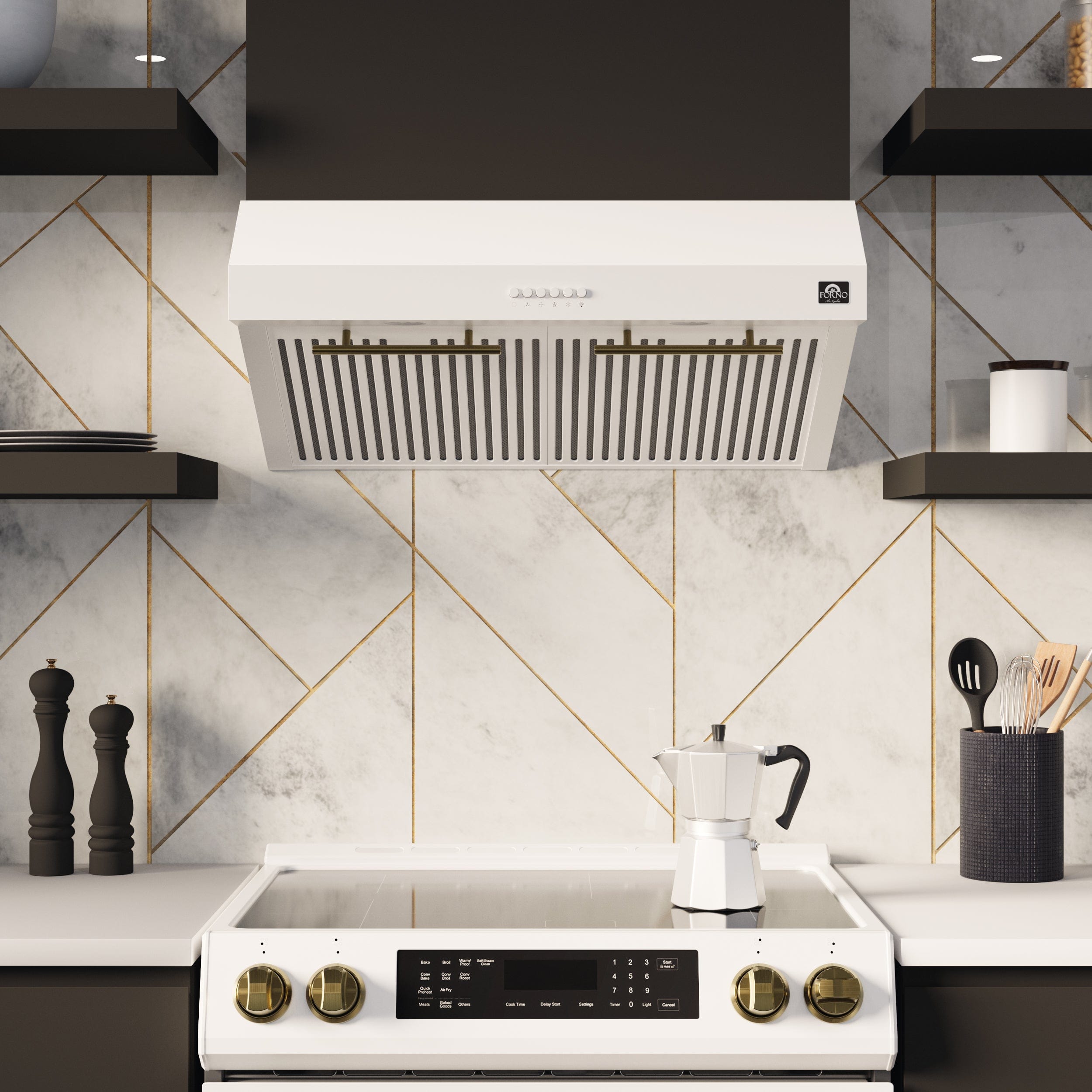 Forno Espresso 30" Under Cabinet Range Hood in White with Silver Handles, FRHUC5255-30WHT Range Hoods FRHUC5255-30WHT Luxury Appliances DirectForno Bari Espresso 30-Inch Range Hood in White, FRHUC5255-30WHT | Lifestyle