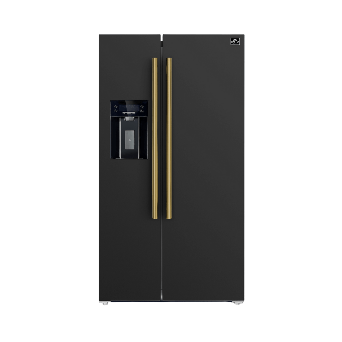 Forno Espresso 36" 20 Cu. Ft. Side-By-Side Refrigerator with Water and Ice Dispenser in Black with Antique Brass Handles Refrigerator FFRBI1844-36BLK Luxury Appliances Direct