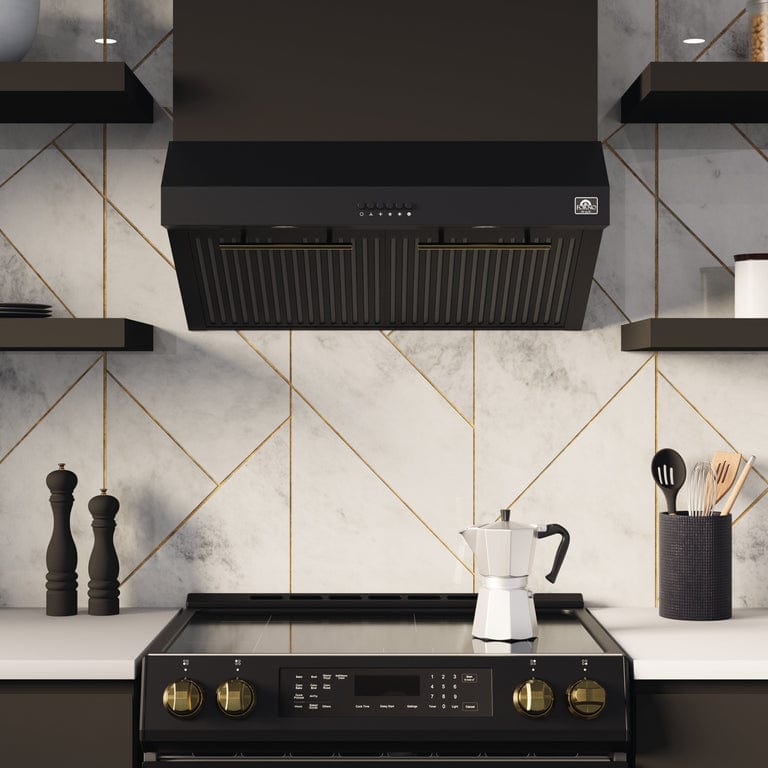 Forno Espresso Package - 30" Electric Range and Range Hood in Black with Antique Brass Handles, AP-FFSEL6012-30BLK-A-A2 Appliance Package AP-FFSEL6012-30BLK-A-A2 Luxury Appliances Direct