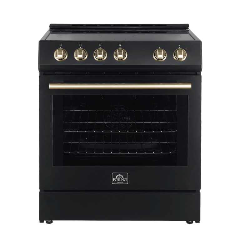 Forno Espresso Package - 30" Electric Range and Range Hood in Black with Antique Brass Handles, AP-FFSEL6012-30BLK-A-A2 Appliance Package AP-FFSEL6012-30BLK-A-A2 Luxury Appliances Direct