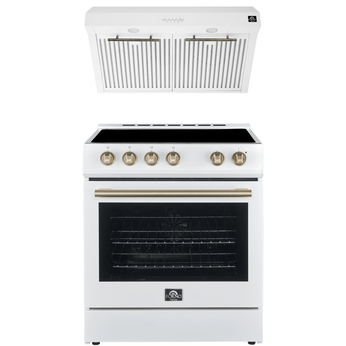 Forno Espresso Package - 30" Electric Range and Range Hood in White with Antique Brass Handles, AP-FFSEL6012-30WHT-A-A3 Appliance Package AP-FFSEL6012-30WHT-A-A3 Luxury Appliances Direct