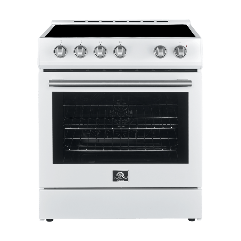 Forno Espresso Package - 30" Electric Range and Range Hood in White with Silver Handles, AP-FFSEL6012-30WHT-S-A3 Appliance Package AP-FFSEL6012-30WHT-S-A3 Luxury Appliances Direct