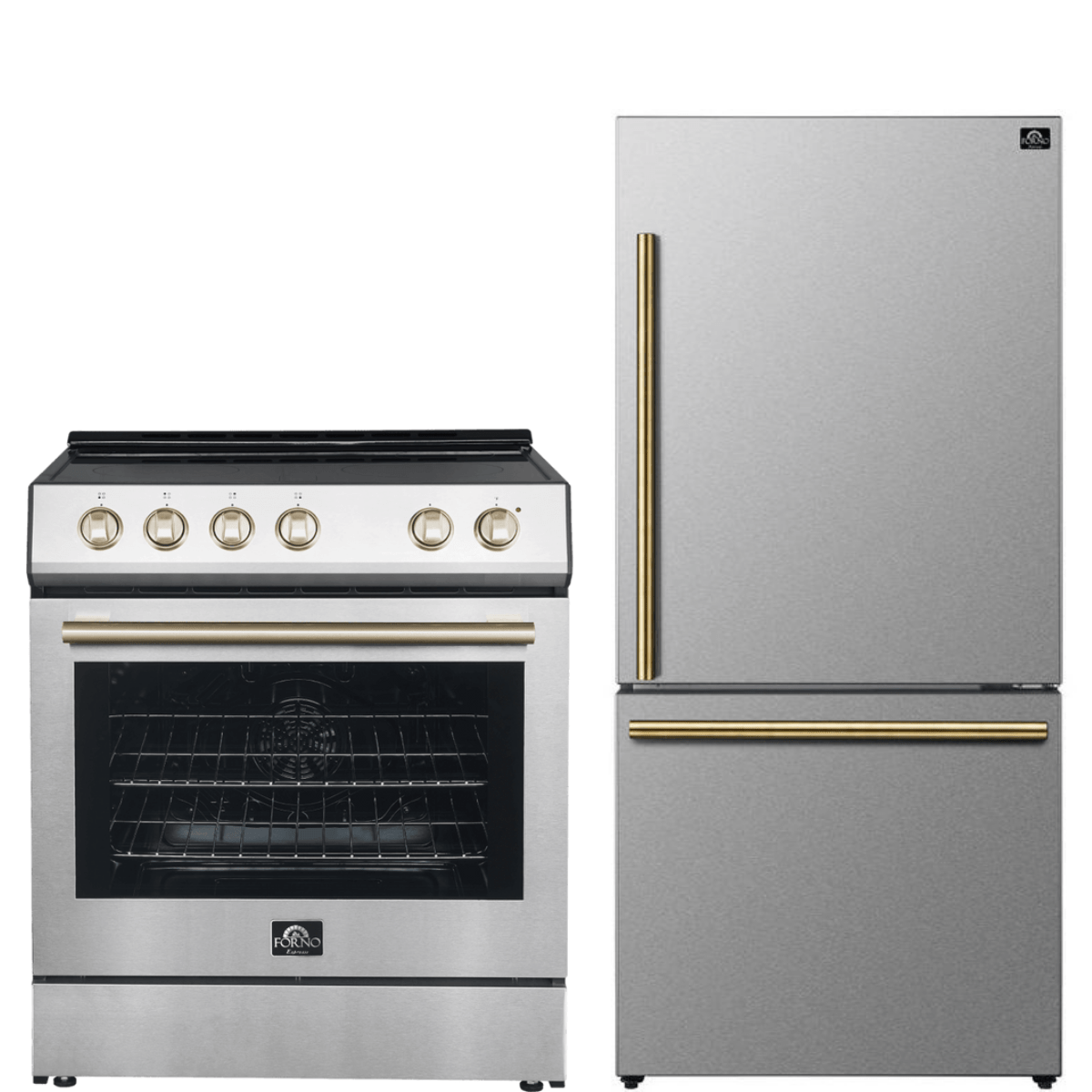 Forno Espresso Package - 30" Electric Range and Refrigerator in Stainless Steel with Antique Brass Handles, AP-FFSEL6012-30-A-A10 Appliance Packages AP-FFSEL6012-30-A-A10 Luxury Appliances Direct