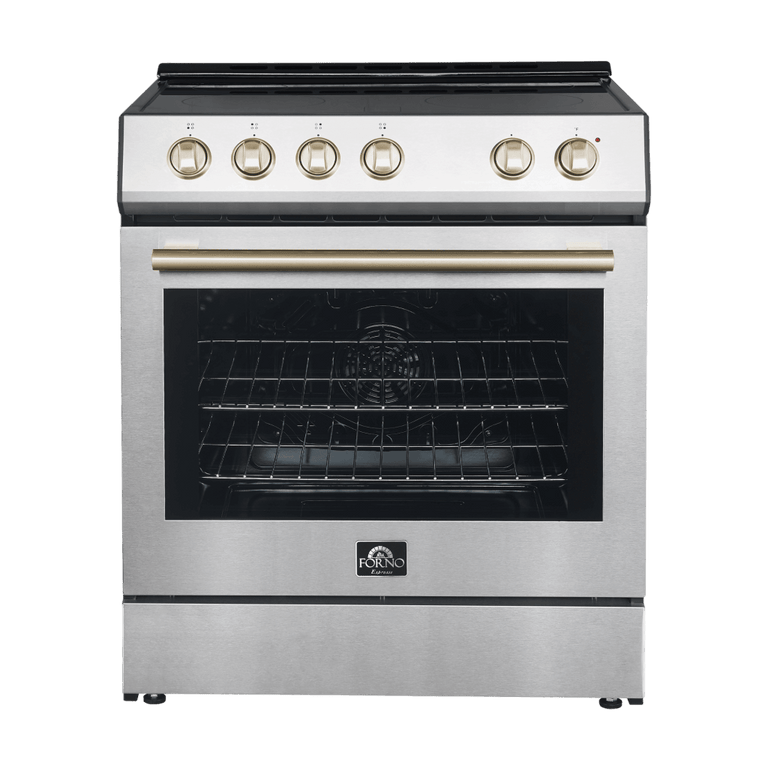 Forno Espresso Package - 30" Electric Range and Refrigerator in Stainless Steel with Antique Brass Handles, AP-FFSEL6012-30-A-A10 Appliance Packages AP-FFSEL6012-30-A-A10 Luxury Appliances Direct