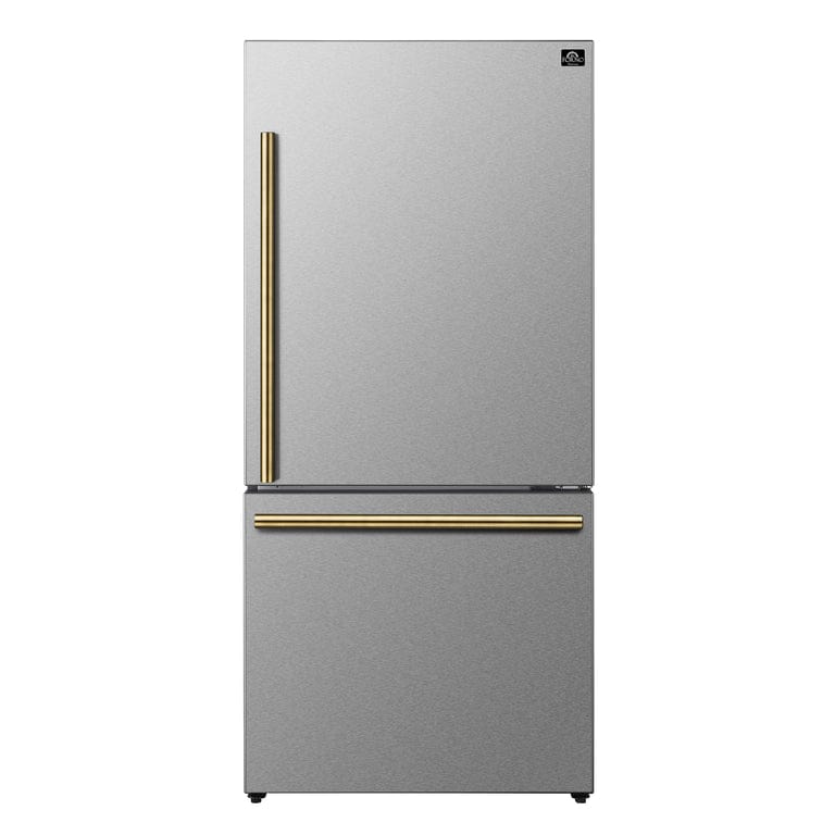 Forno Espresso Package - 30" Electric Range and Refrigerator in Stainless Steel with Antique Brass Handles, AP-FFSEL6012-30-A-A10 Appliance Packages AP-FFSEL6012-30-A-A10 Luxury Appliances Direct