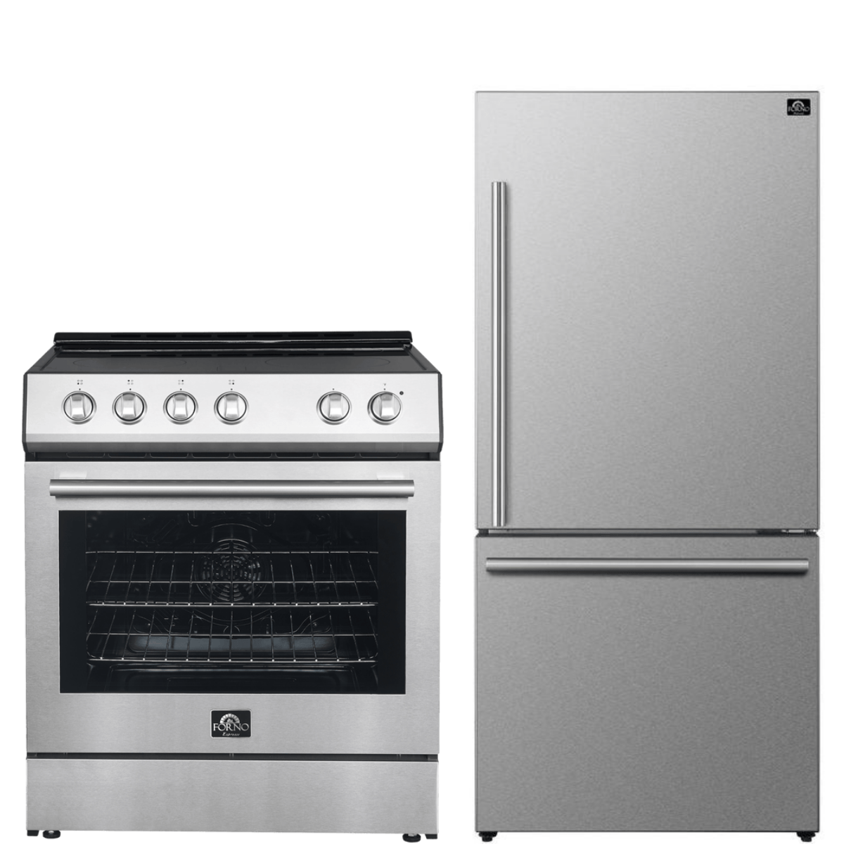 Forno Espresso Package - 30" Electric Range and Refrigerator in Stainless Steel with Silver Handles, AP-FFSEL6012-30-S-A10 Appliance Package AP-FFSEL6012-30-S-A10 Luxury Appliances Direct