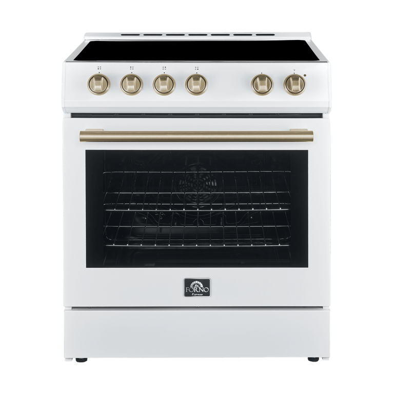 Forno Espresso Package - 30" Electric Range and Refrigerator in White with Antique Brass Handles, AP-FFSEL6012-30WHT-A-A12 Appliance Package AP-FFSEL6012-30WHT-A-A12 Luxury Appliances Direct