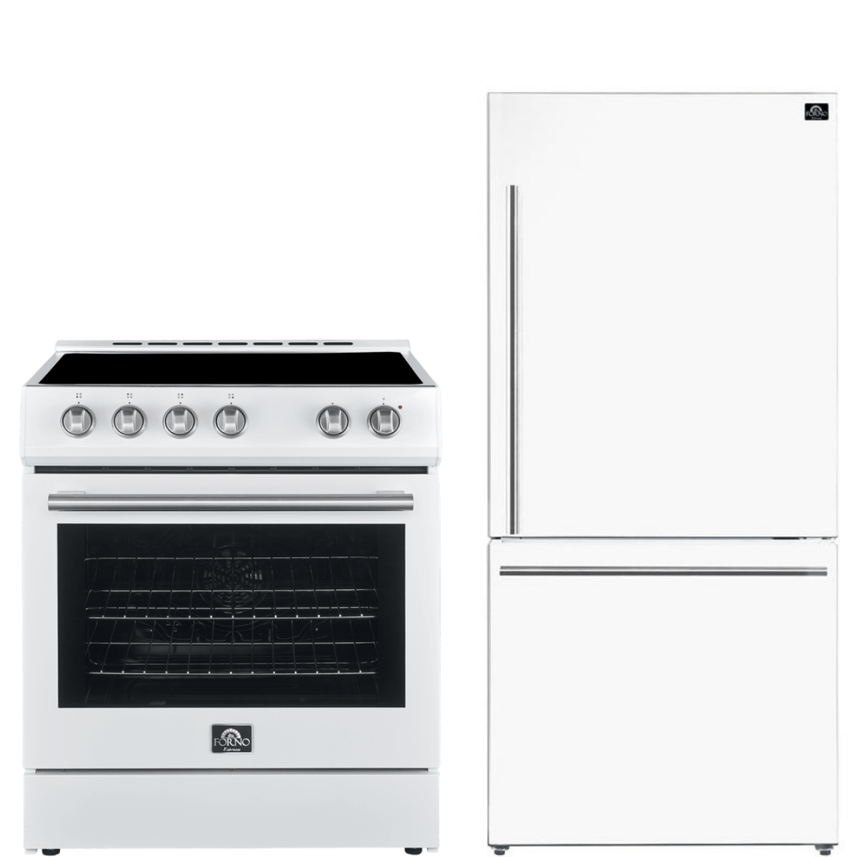 Forno Espresso Package - 30" Electric Range and Refrigerator in White with Silver Handles, AP-FFSEL6012-30WHT-S-A12 Appliance Packages AP-FFSEL6012-30WHT-S-A12 Luxury Appliances Direct